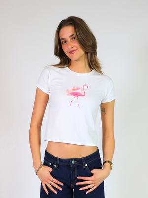 FLORAL FLAMINGO BABY TEE - HVID