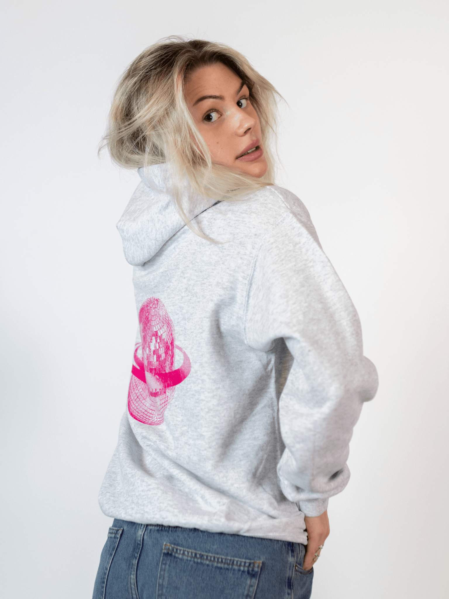PLANET DISCO (pink) HOODIE (back print) - GREY