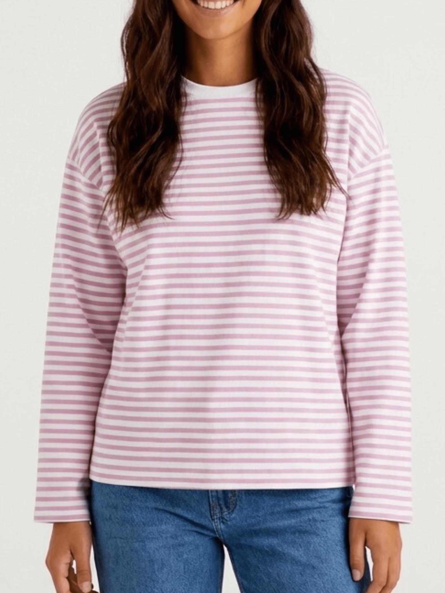 SADIE STRIPE TEE LS - BRIGHT WHITE/ROSEATE SPOONBILL