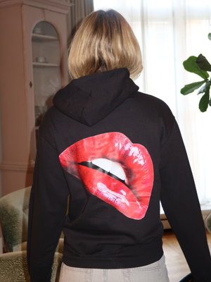 RED LIPS HOODIE - SORT