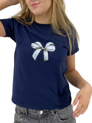 BOW (WHITE), BABY TEE - NAVY