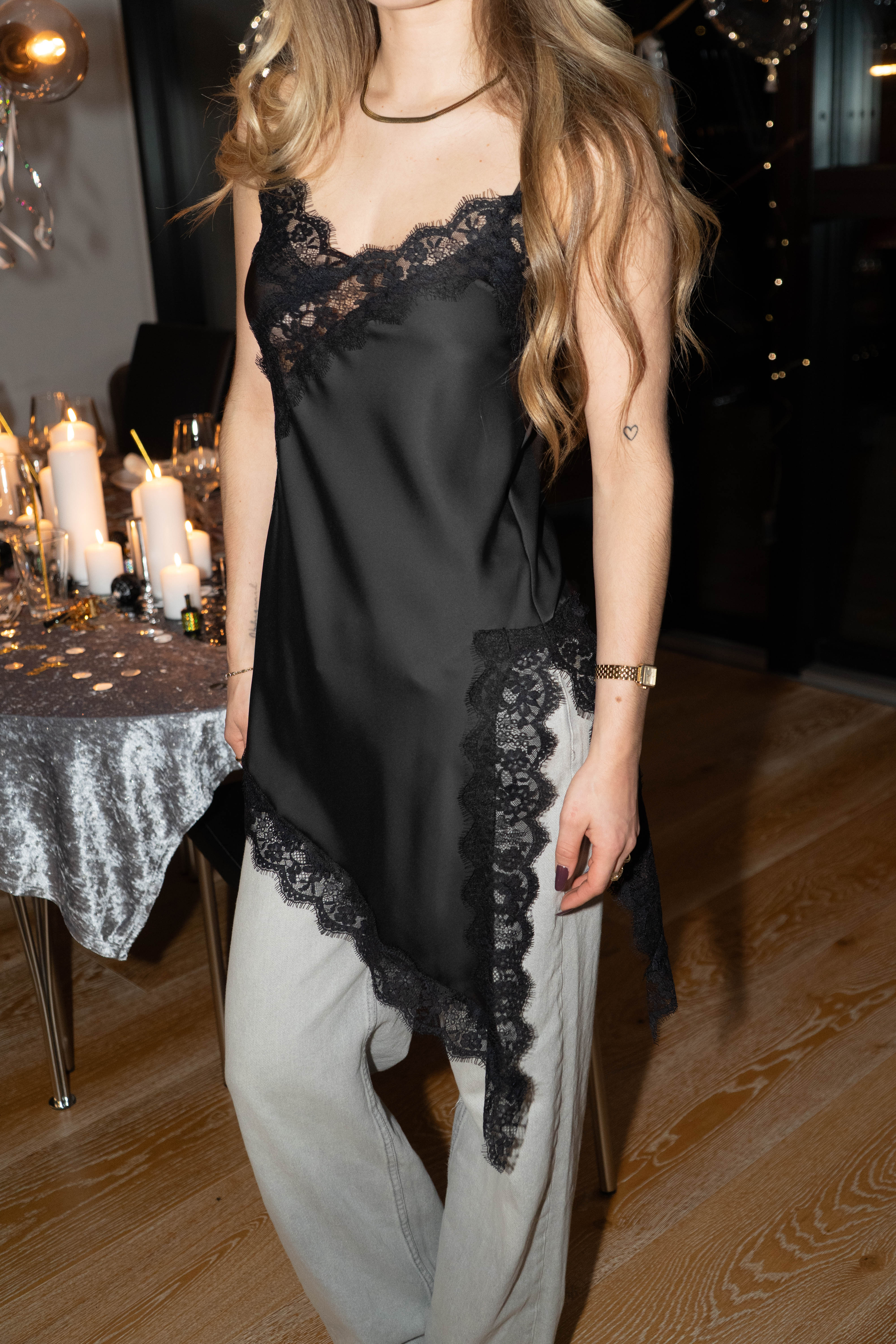 LOLA SATIN LACE TOP - BLACK/BLACK