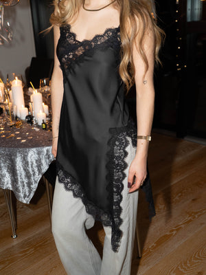 LOLA SATIN LACE TOP - BLACK/BLACK
