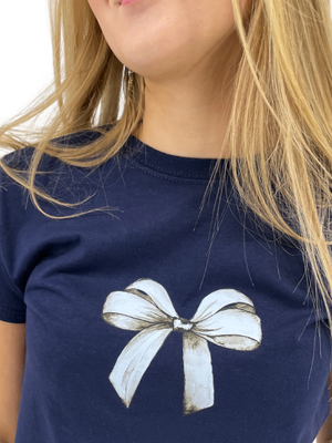 BOW (WHITE), BABY TEE - NAVY