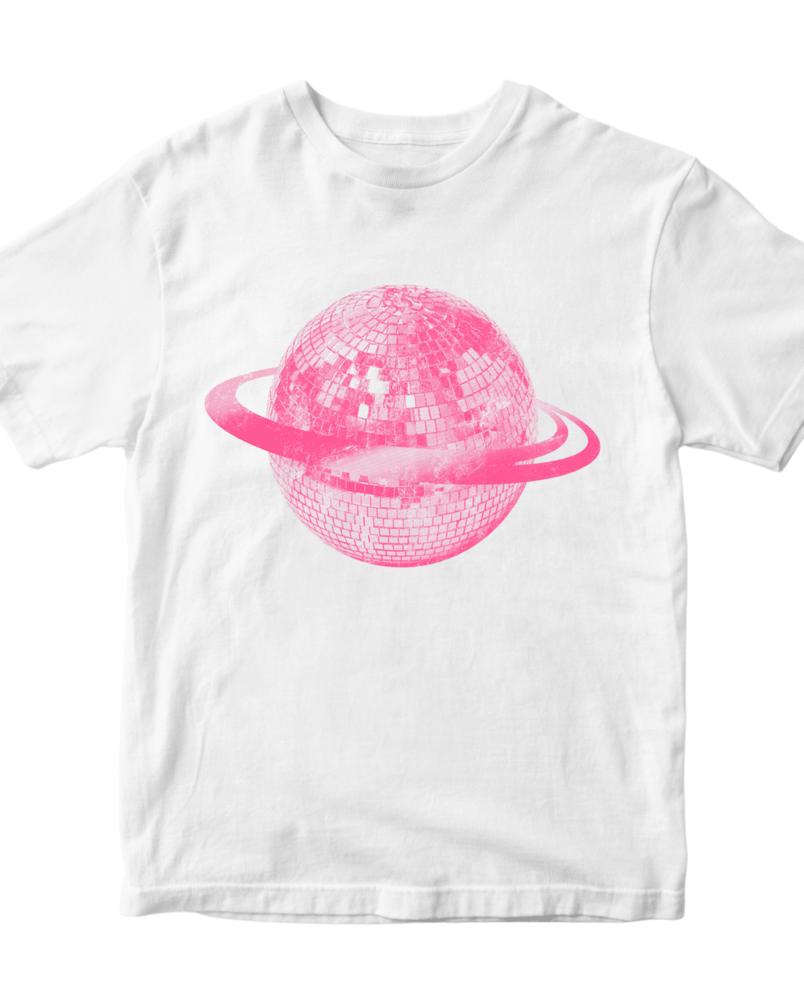 Hvid Planet Disco baby tee i bomuld med lyserødt diskokugle-print på brystet.