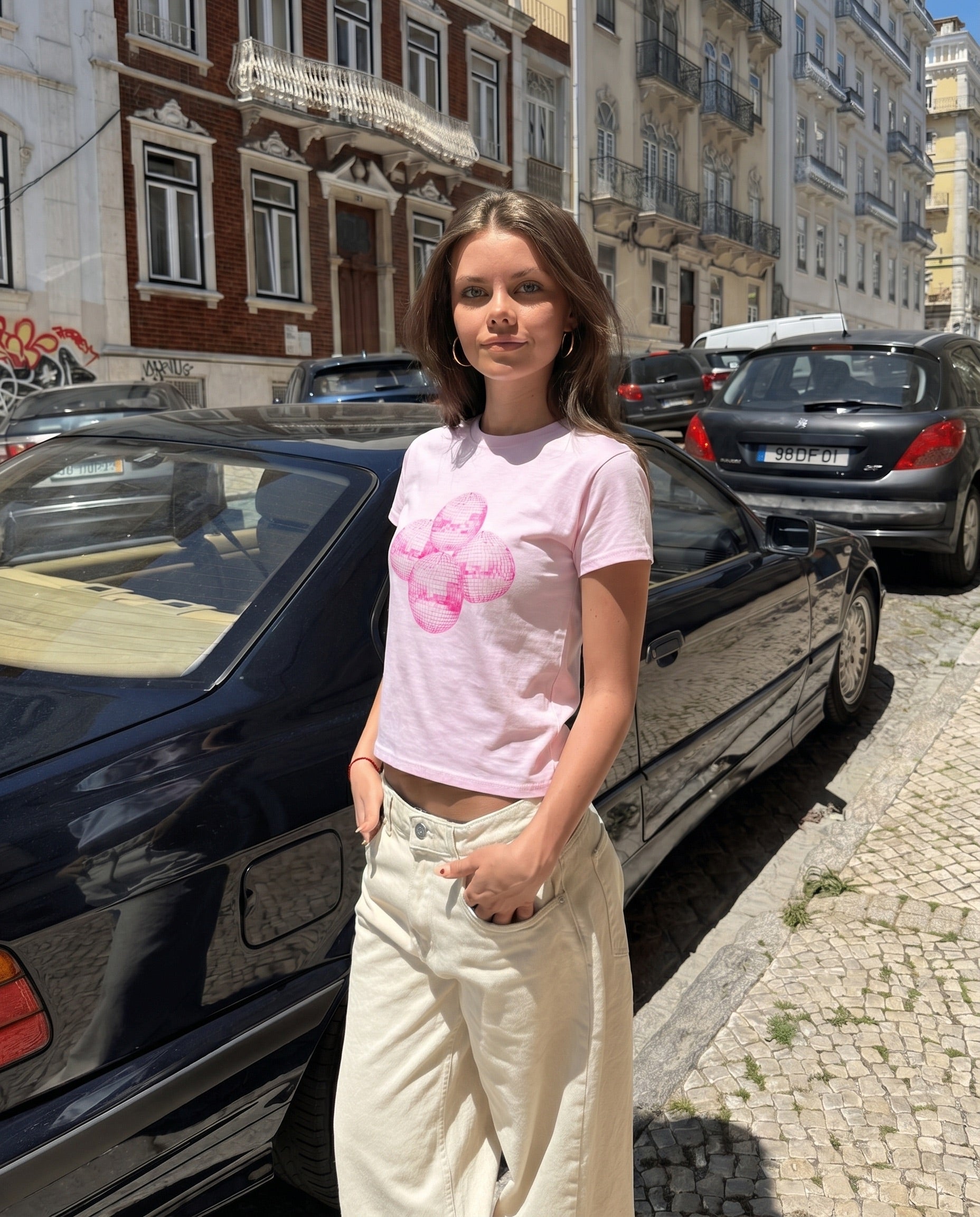 DISCO KUGLE (pink), BABY TEE - LYSERØD - Dinvintageshop