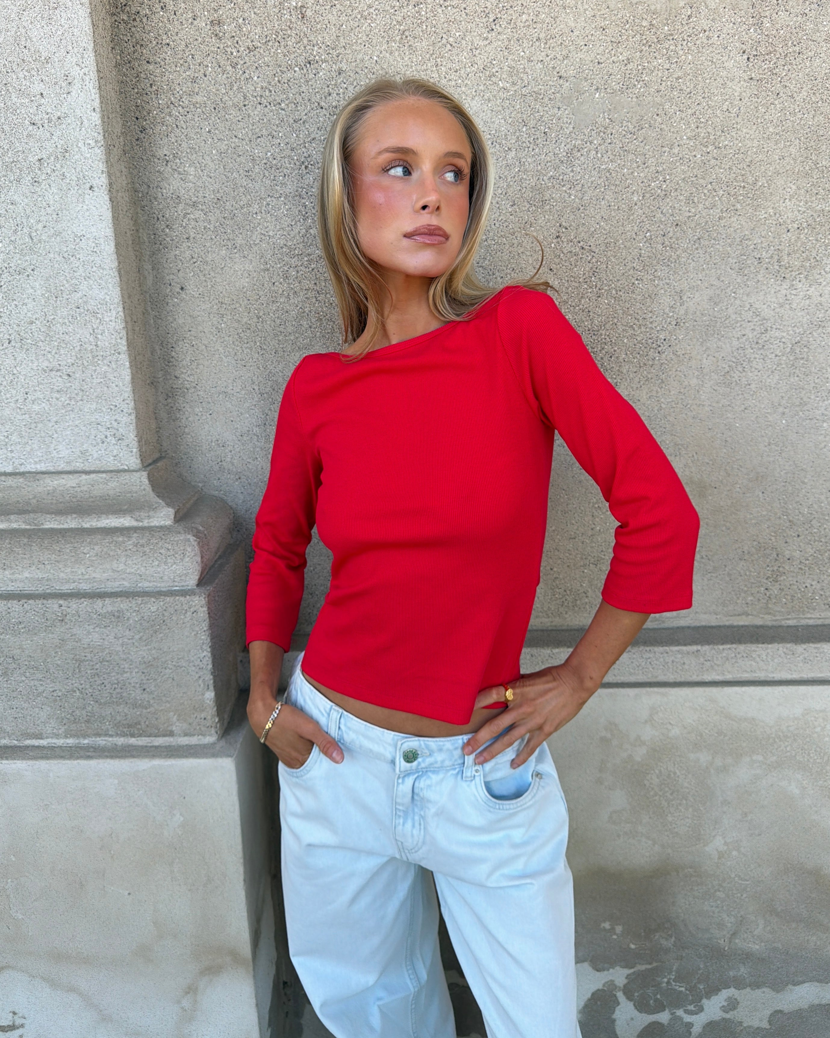ELFRIDA BOATNECK 3/4 TOP - RED - Dinvintageshop