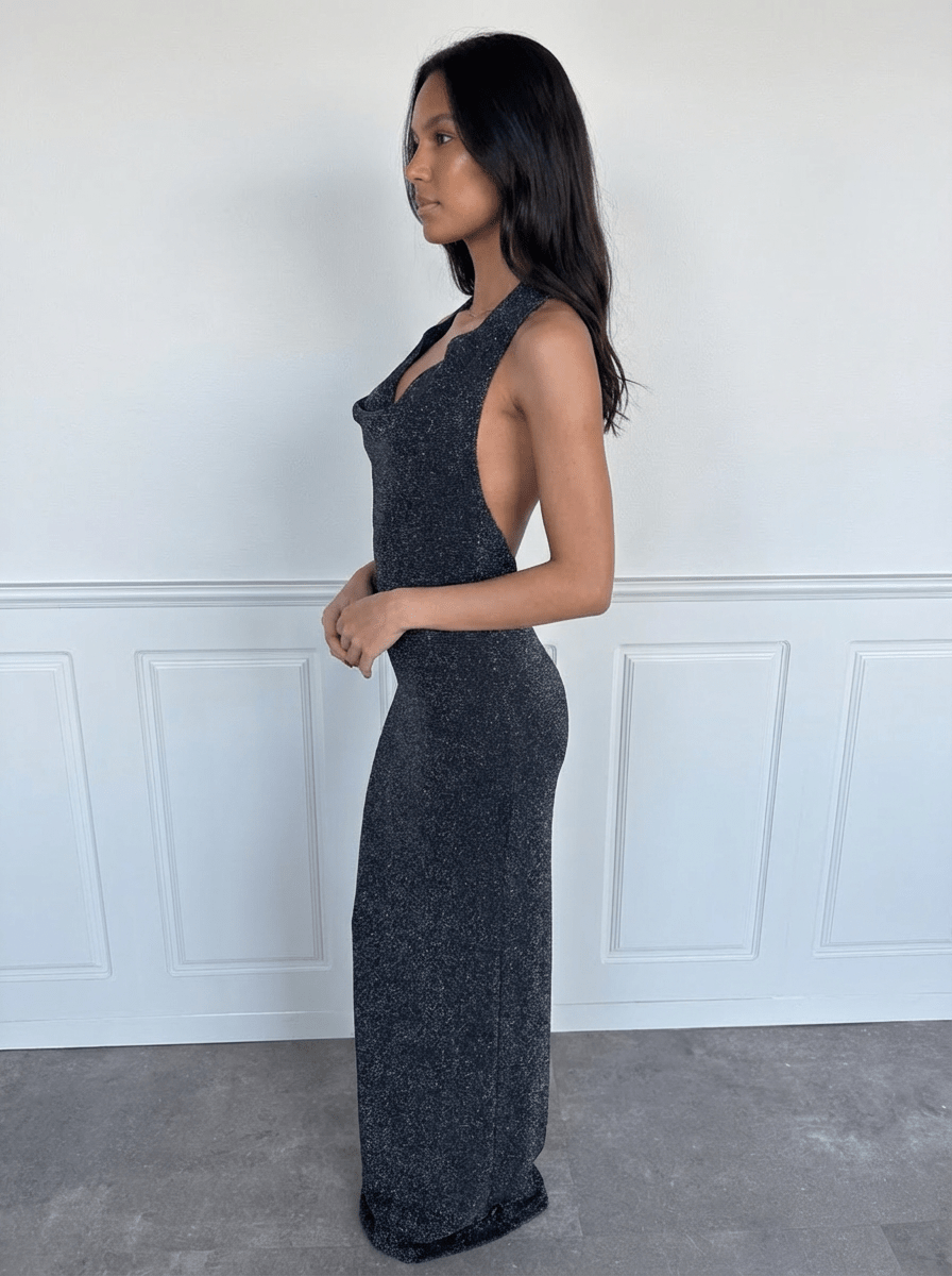 LINA GLITTER MAXI DRESS - BLACK/SILVER
