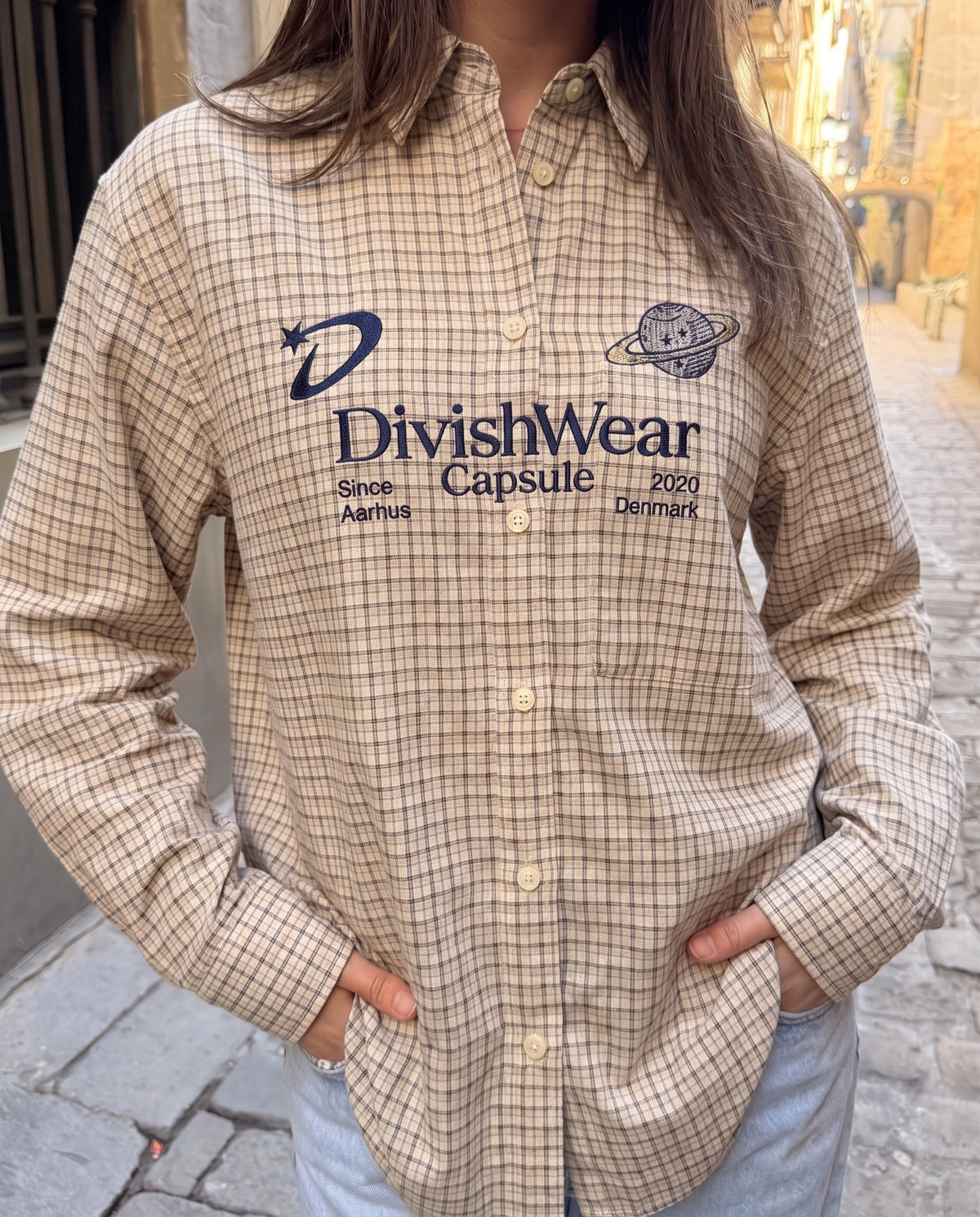 KAROLINE BOXFIT SHIRT - SAND/BROWN CHECK - Dinvintageshop