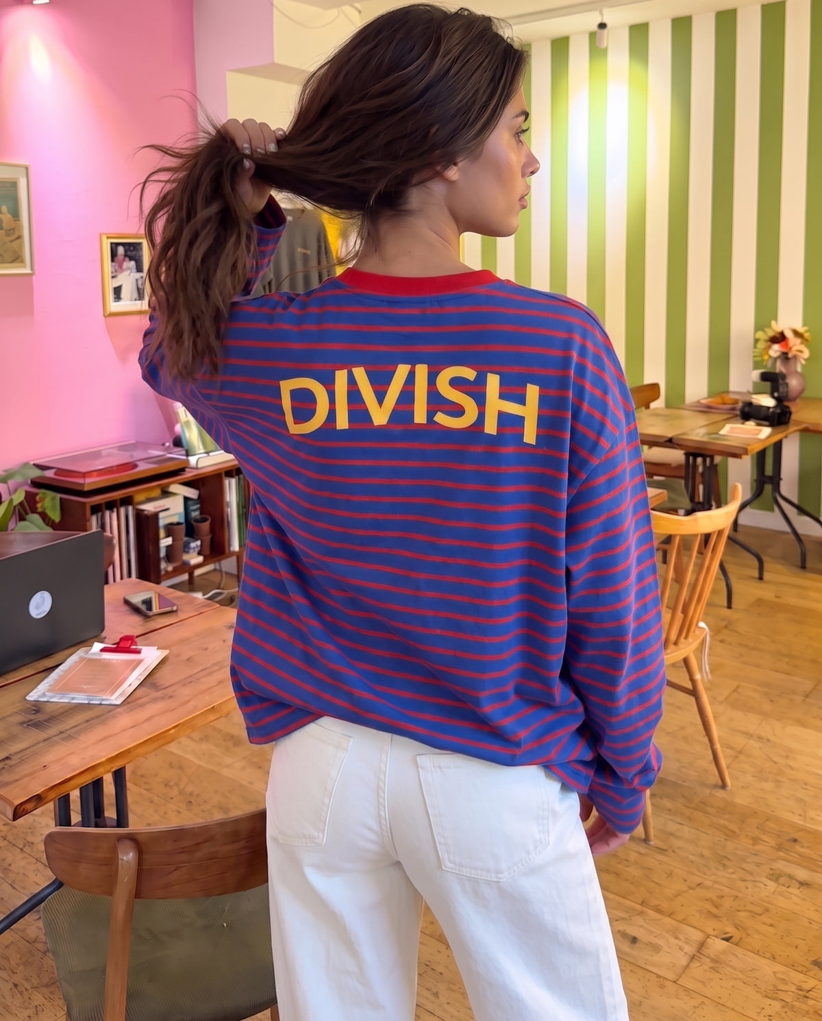 DINA STRIPE TEE (back print) - ROYAL BLUE/RED