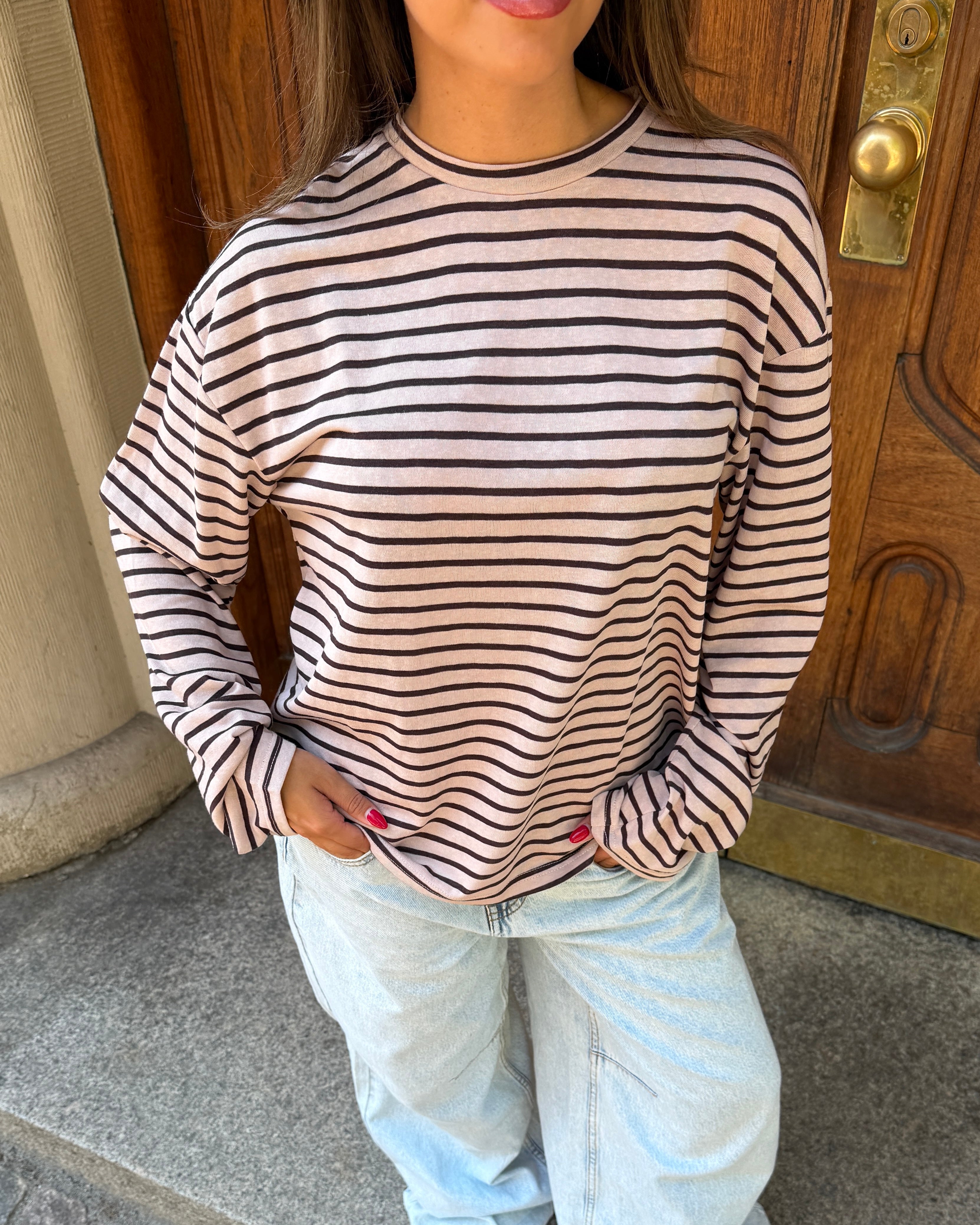 MALIA STRIPE TEE - BLUSH PINK/BROWN