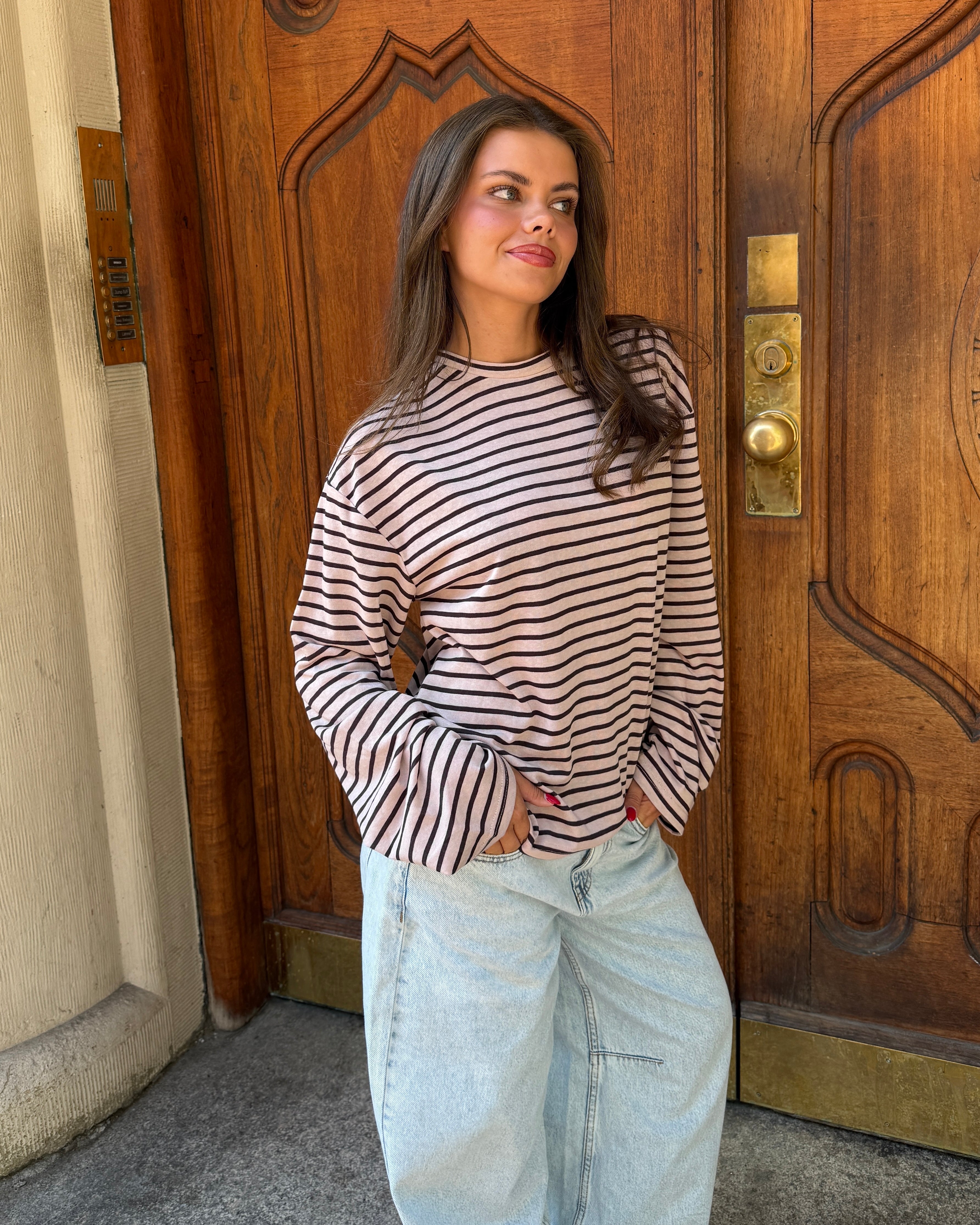 MALIA STRIPE TEE - BLUSH PINK/BROWN