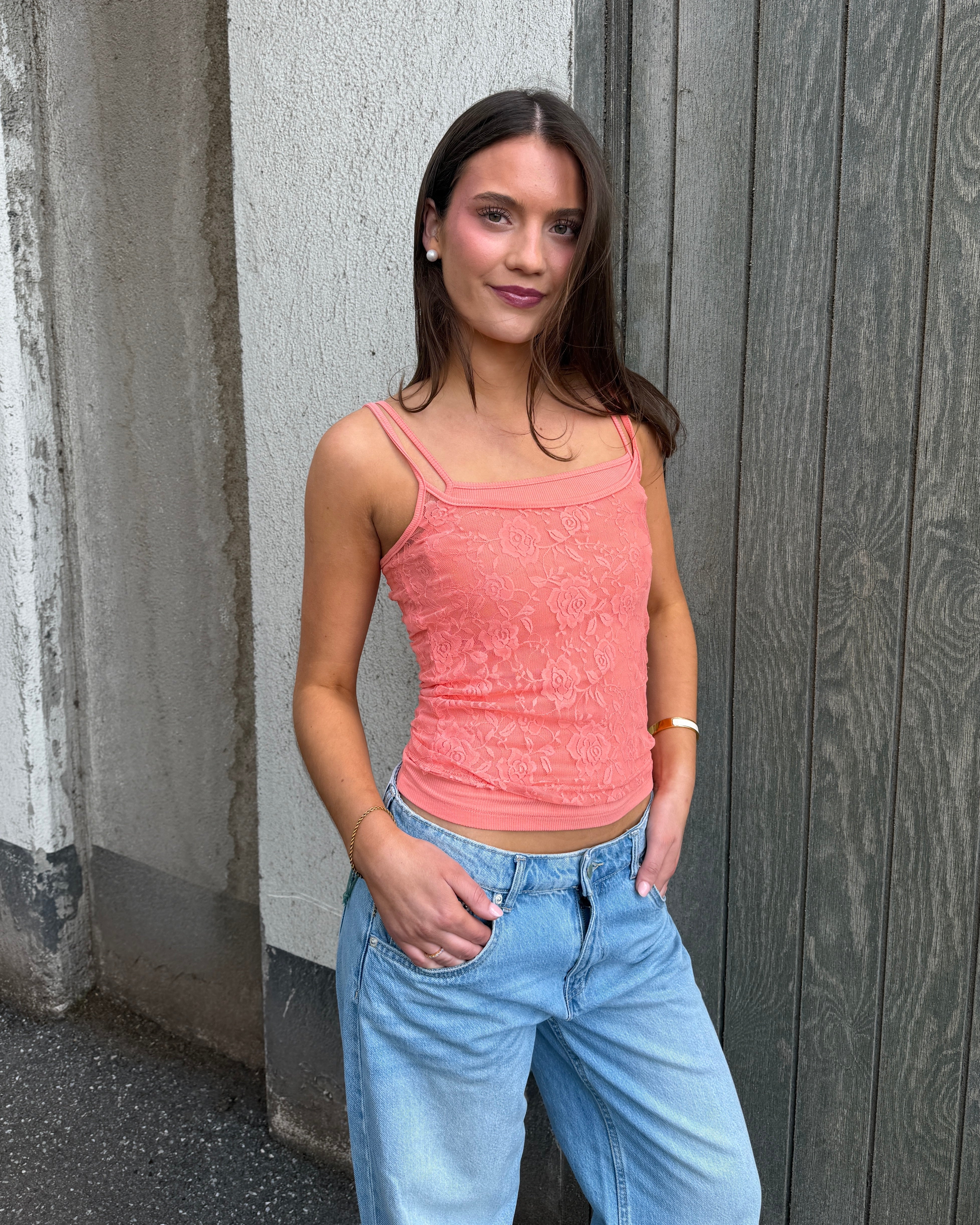 MALOU LACE TANK TOP - CORAL - Dinvintageshop