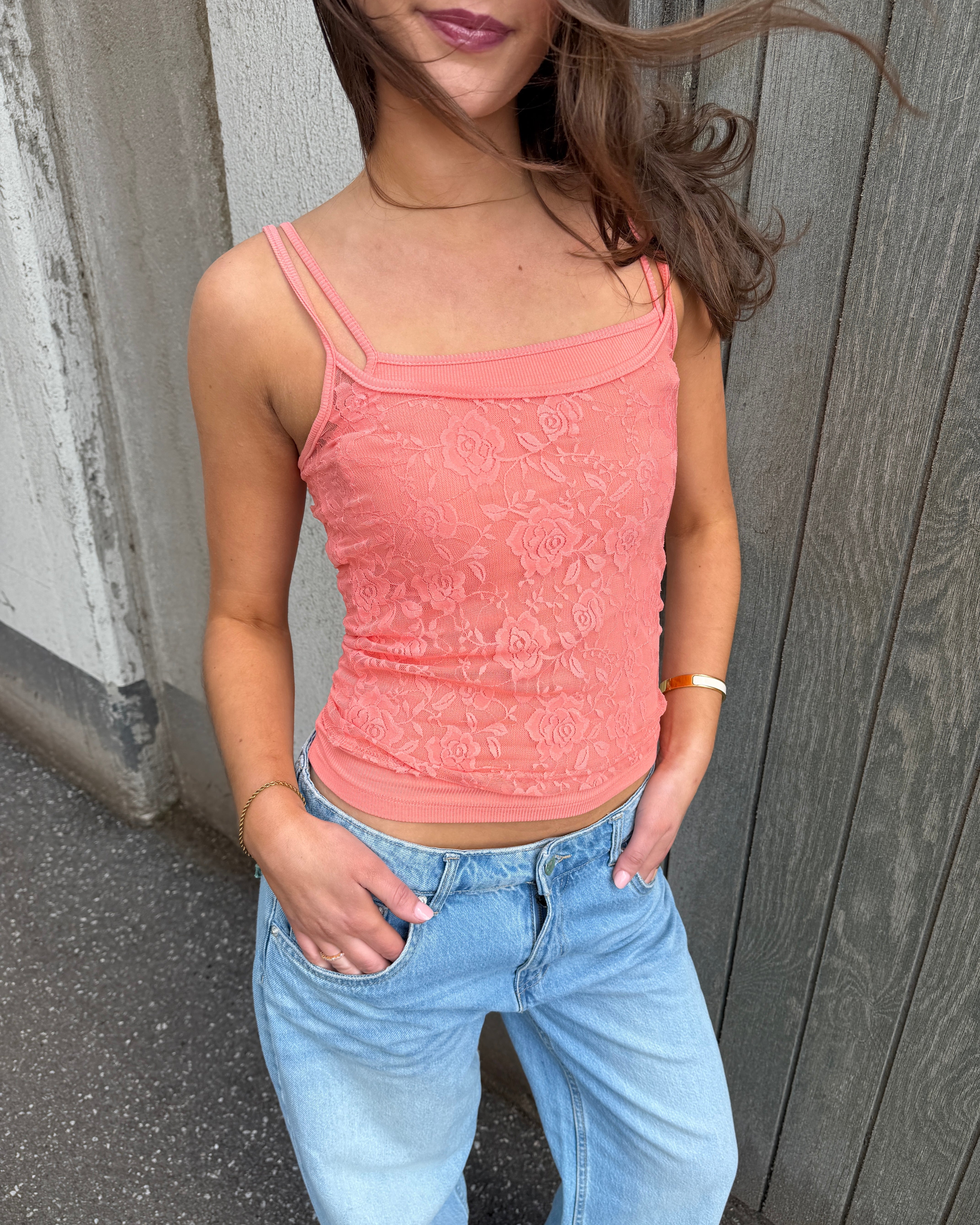 MALOU LACE TANK TOP - CORAL - Dinvintageshop