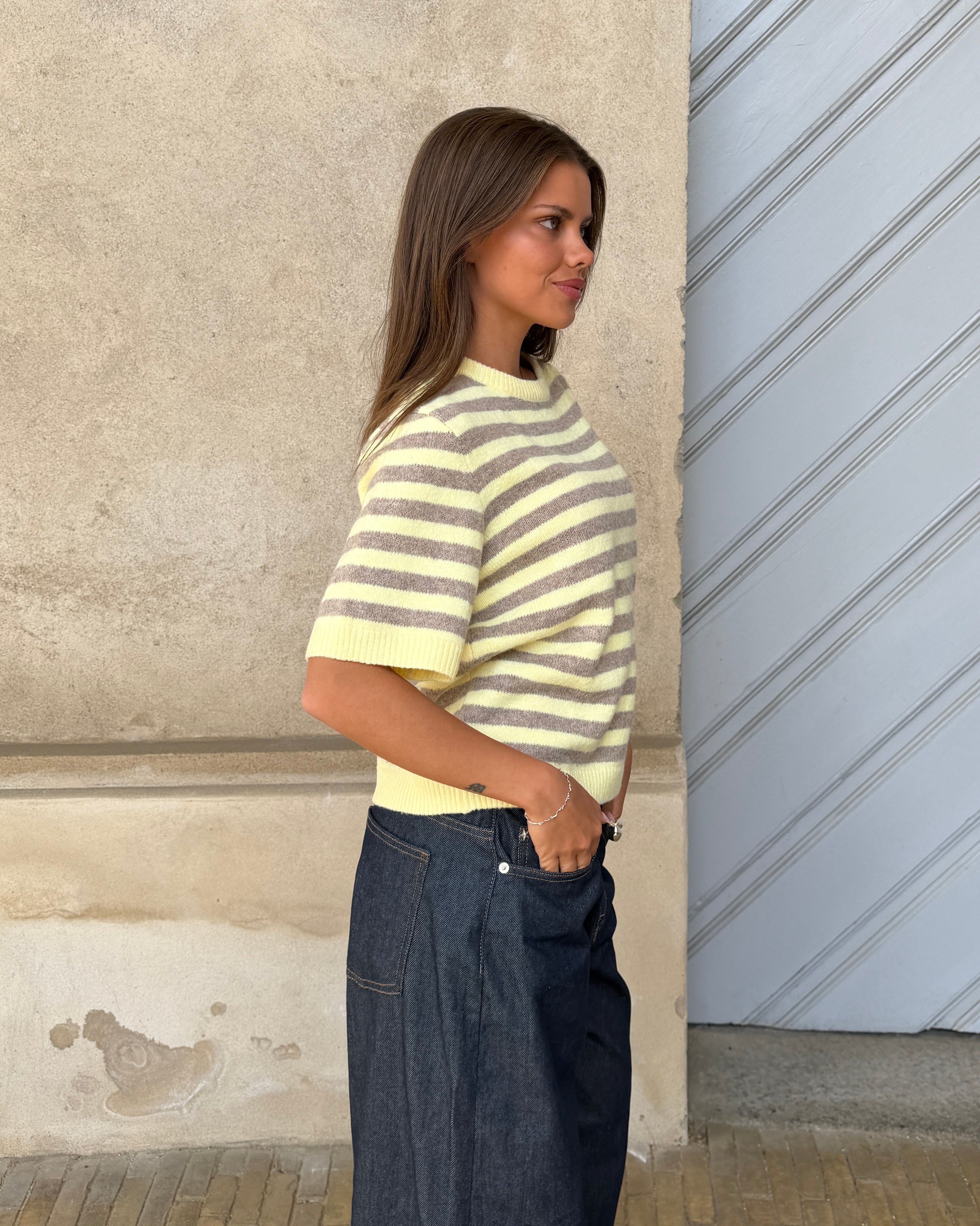 MIRA STRIBET STRIK - BUTTER YELLOW/TAUPE - Dinvintageshop