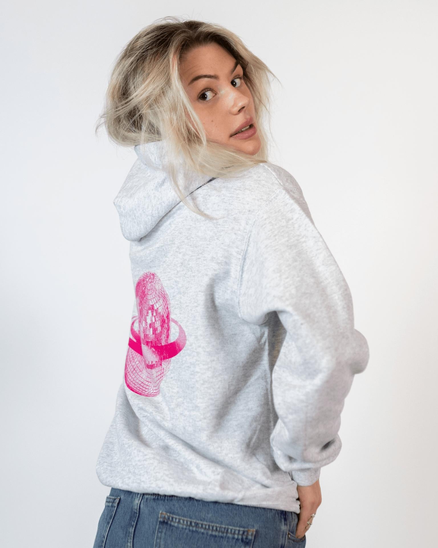 PLANET DISCO (pink) HOODIE (rygprint) - GREY