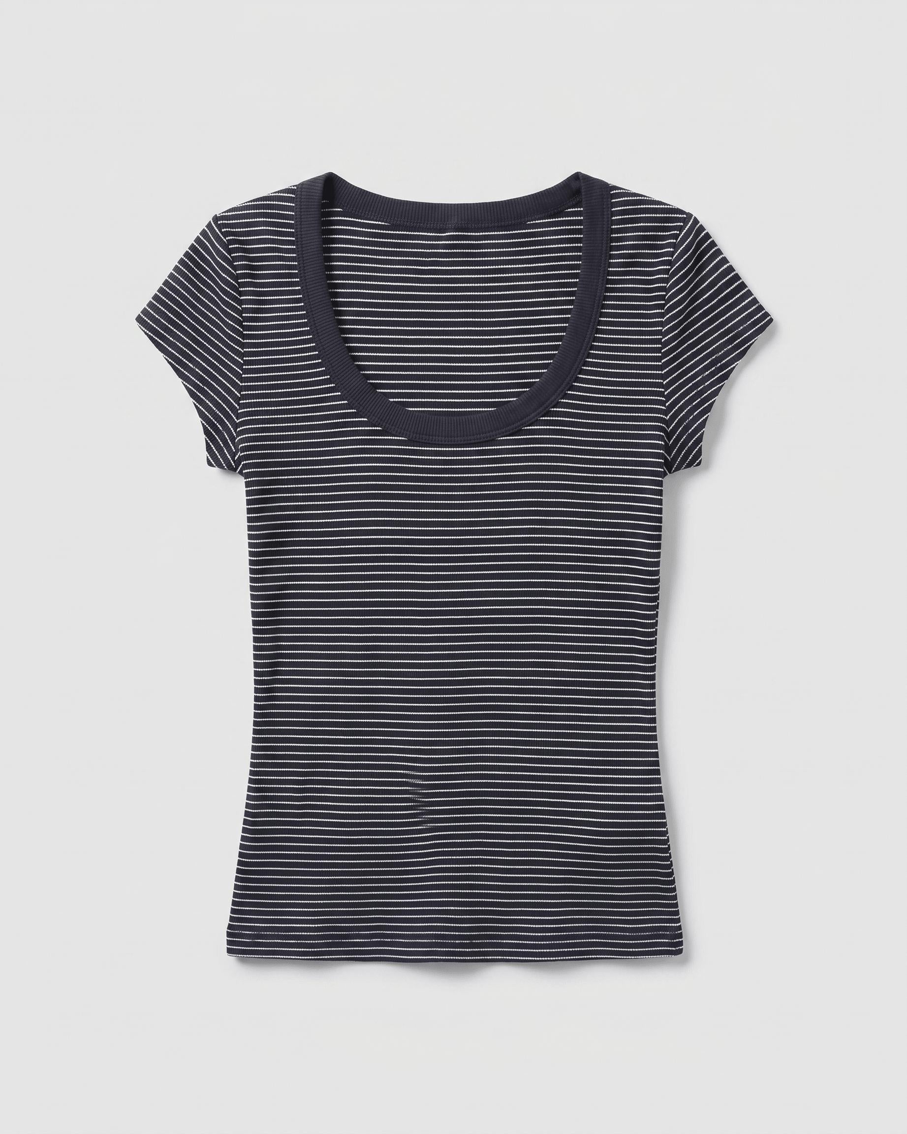 THEA KORTÆRMET T-SHIRT - NAVY/WHITE STRIPE