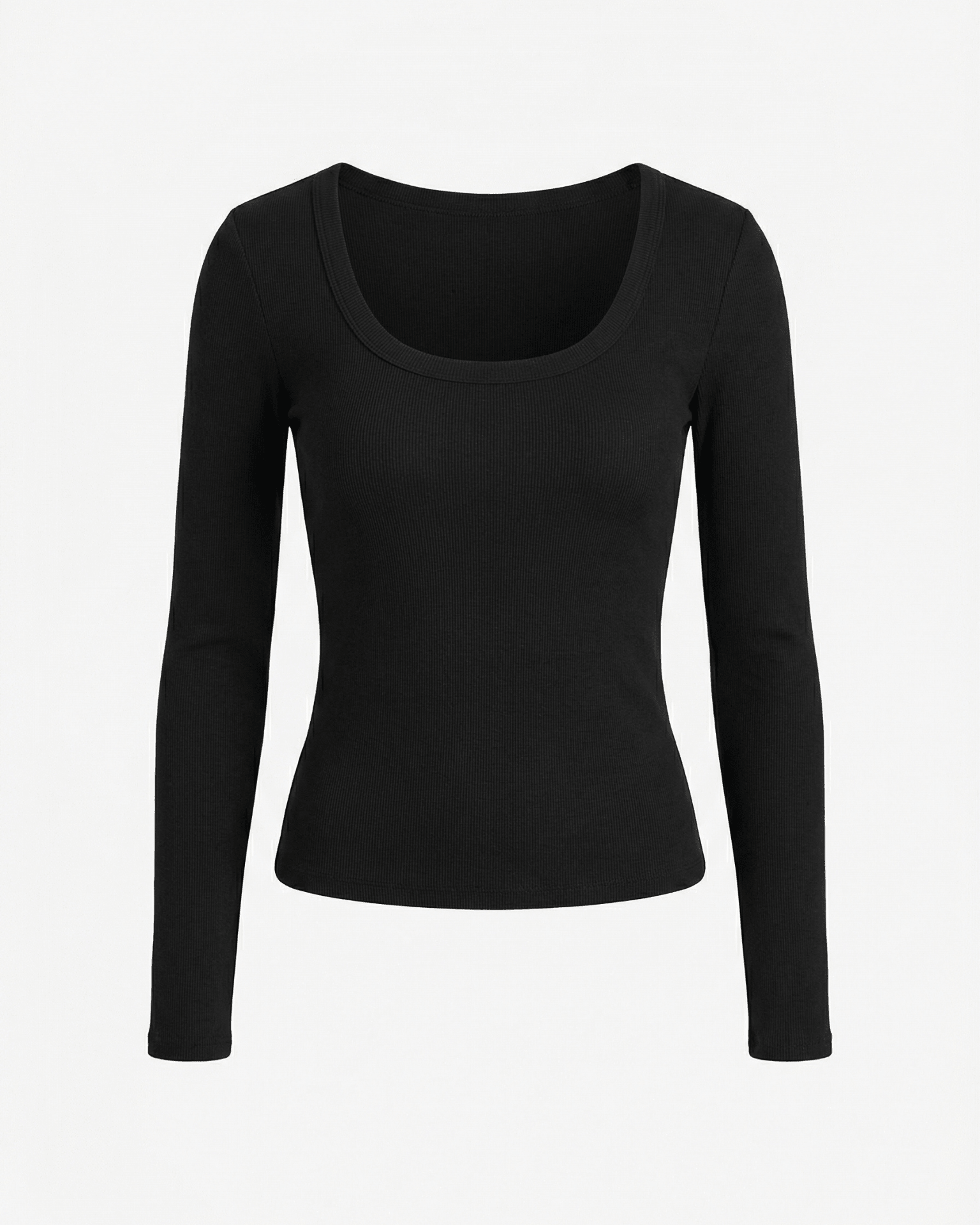 Sort, tætsiddende langærmet t-shirt i ribbet kvalitet med dyb rund udskæring.